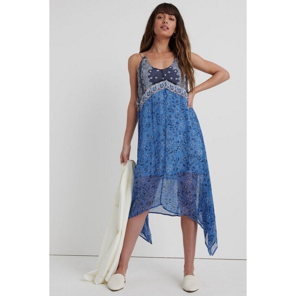 Lucky Brand Layla Scarf Dress Womens Small Blue Floral Strappy Flowy Sheer Boho